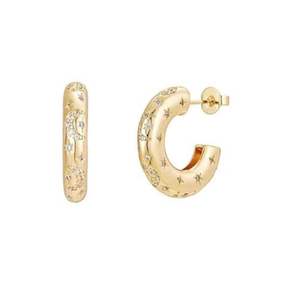 Celestial Gold Star Moon Chunky Hoop Earrings Cubic Zirconia Huggies